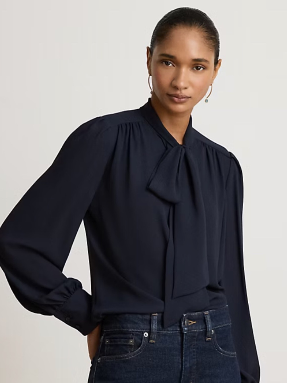 Rebecca Taylor 100% Silk Navy Women's Small Bow Neck Blouse GUC Read Description